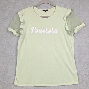 ELA Poderosa Graphic Tee Womens Large‎ Green Ruffle Mesh Swiss Dot Sleeve